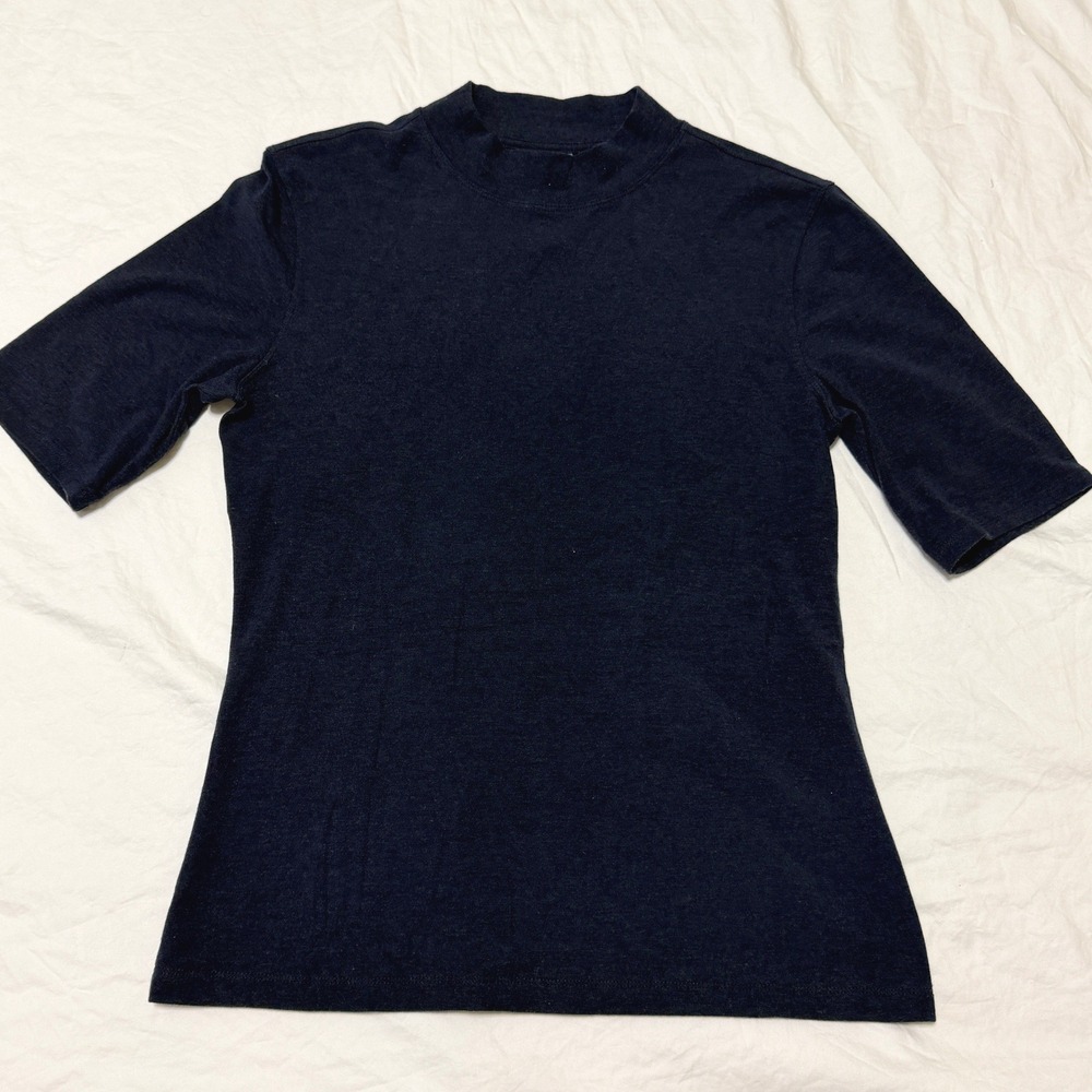 Kit and Ace Mock Neck Short Sleeve Top Womens 10 Navy Blue Tencel Cashmere Blend